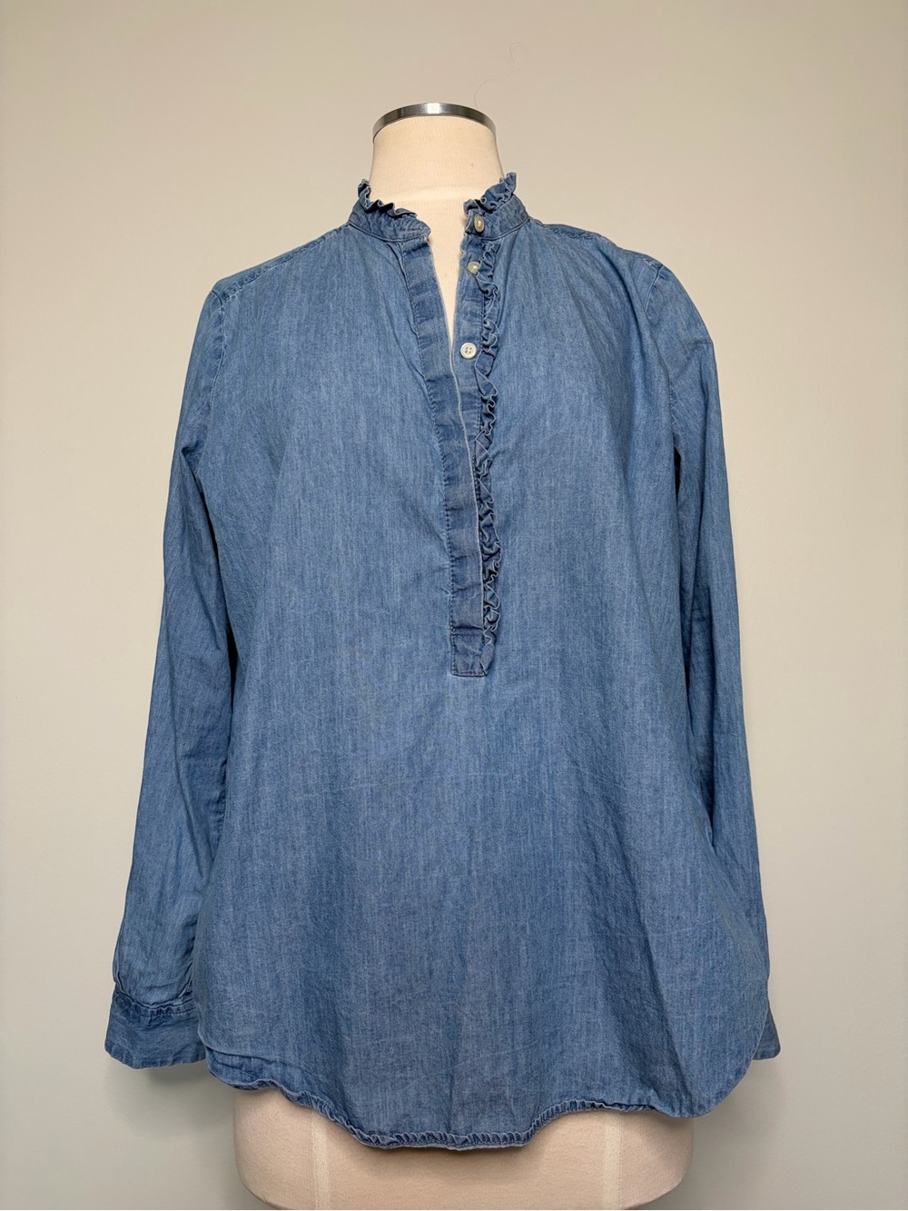 LOFT Light Blue Chambray Ruffle Popover Cotton Shirt, Small